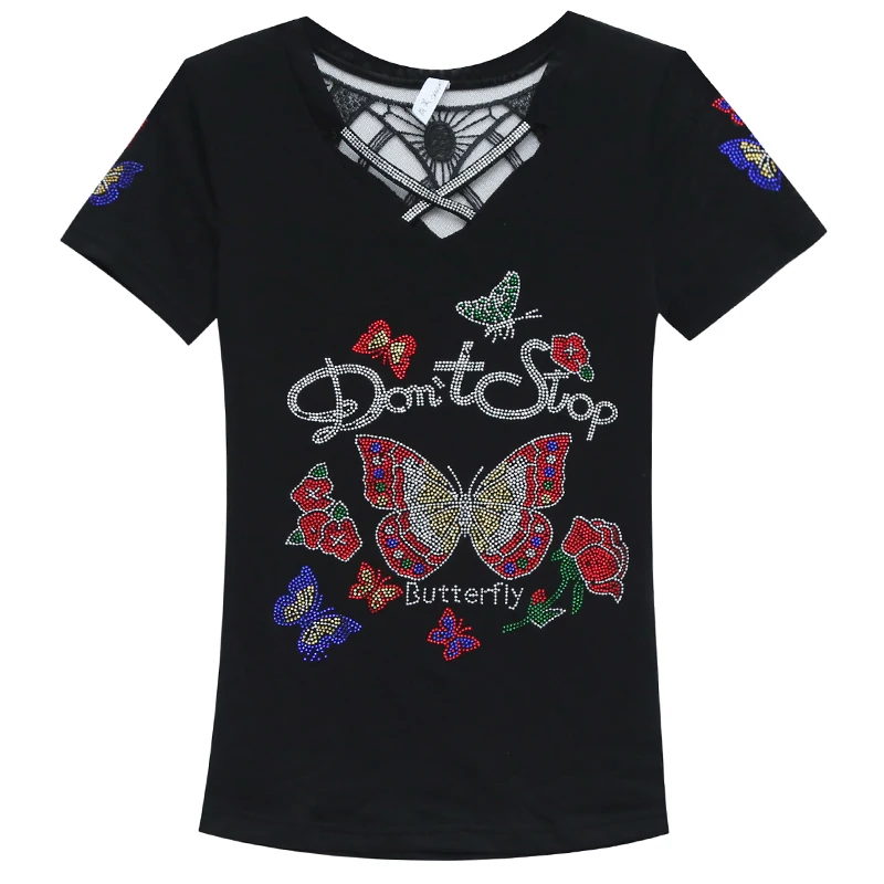 Summer Fashion Korean Blusas Clothes T-shirt Sexy Hollow Out Diamonds Letter Butterfly Women Tops Ropa Mujer Patchwork Mesh Tees - Image 5