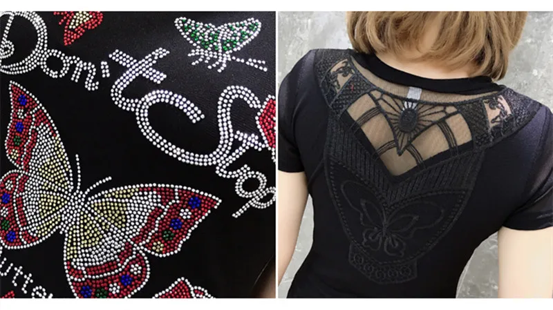Summer Fashion Korean Blusas Clothes T-shirt Sexy Hollow Out Diamonds Letter Butterfly Women Tops Ropa Mujer Patchwork Mesh Tees - Image 6