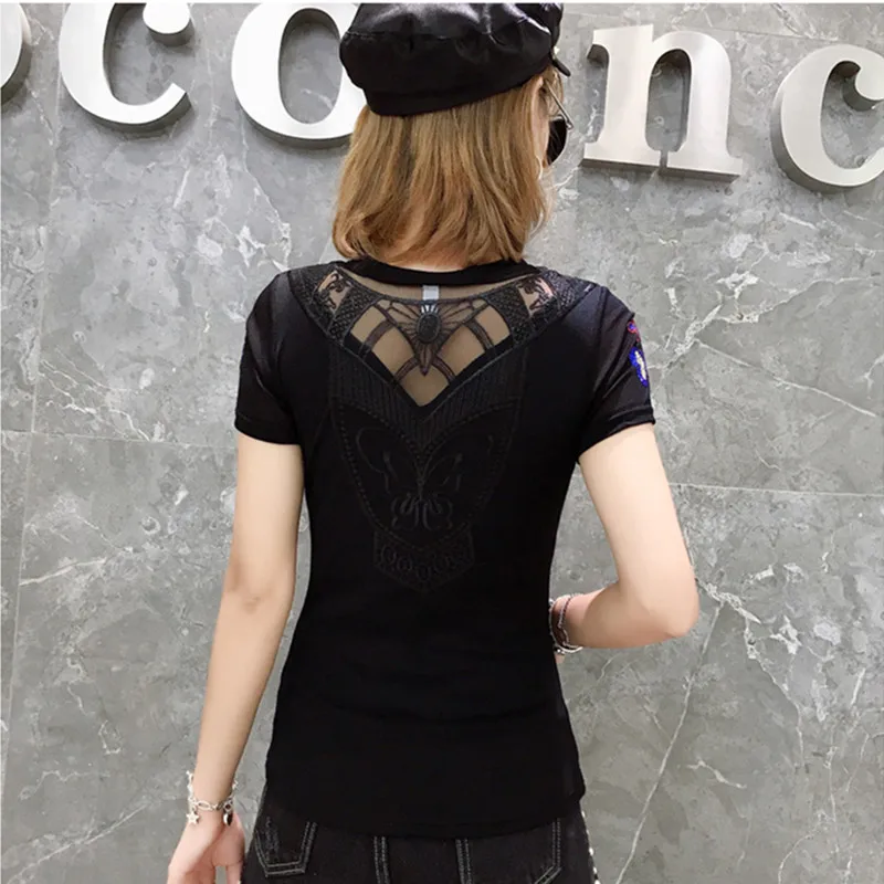 Summer Fashion Korean Blusas Clothes T-shirt Sexy Hollow Out Diamonds Letter Butterfly Women Tops Ropa Mujer Patchwork Mesh Tees - Image 2