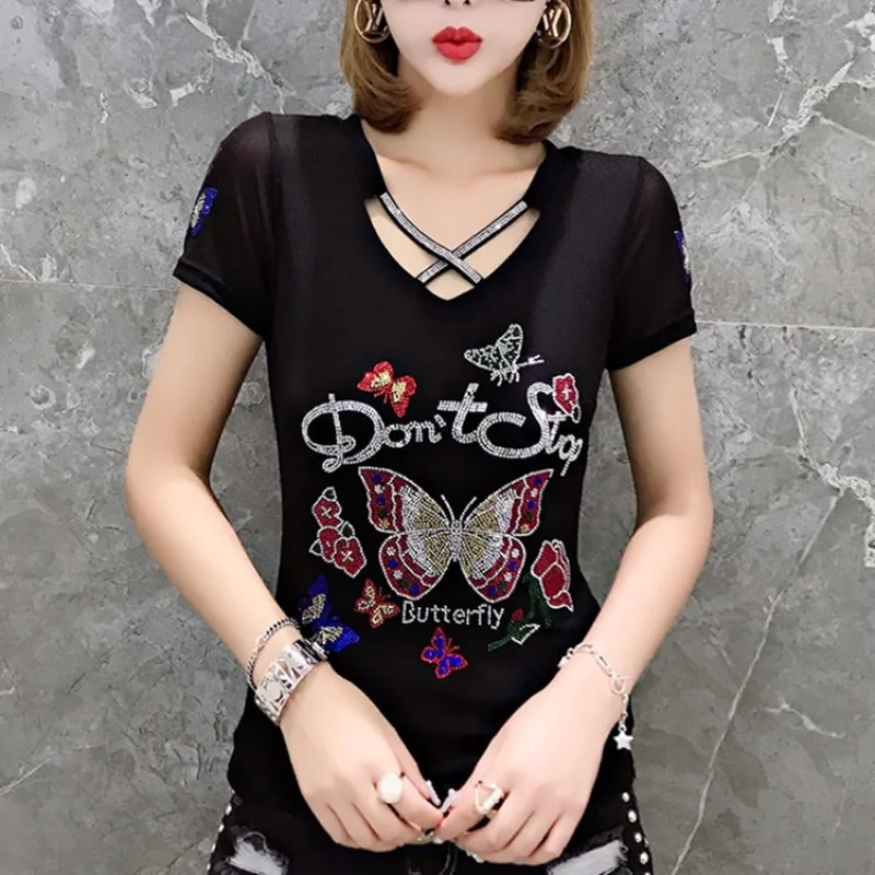 Summer Fashion Korean Blusas Clothes T-shirt Sexy Hollow Out Diamonds Letter Butterfly Women Tops Ropa Mujer Patchwork Mesh Tees - Image 3