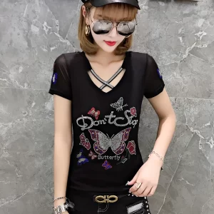 Summer Fashion Korean Blusas Clothes T-shirt Sexy Hollow Out Diamonds Letter Butterfly Women Tops Ropa Mujer Patchwork Mesh Tees