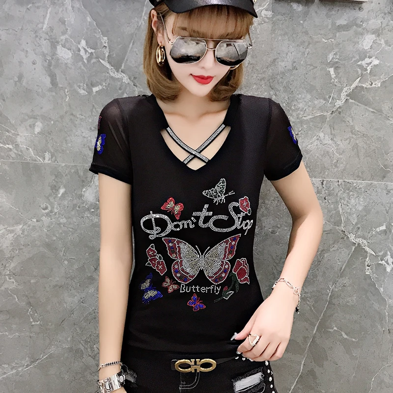Summer Fashion Korean Blusas Clothes T-shirt Sexy Hollow Out Diamonds Letter Butterfly Women Tops Ropa Mujer Patchwork Mesh Tees