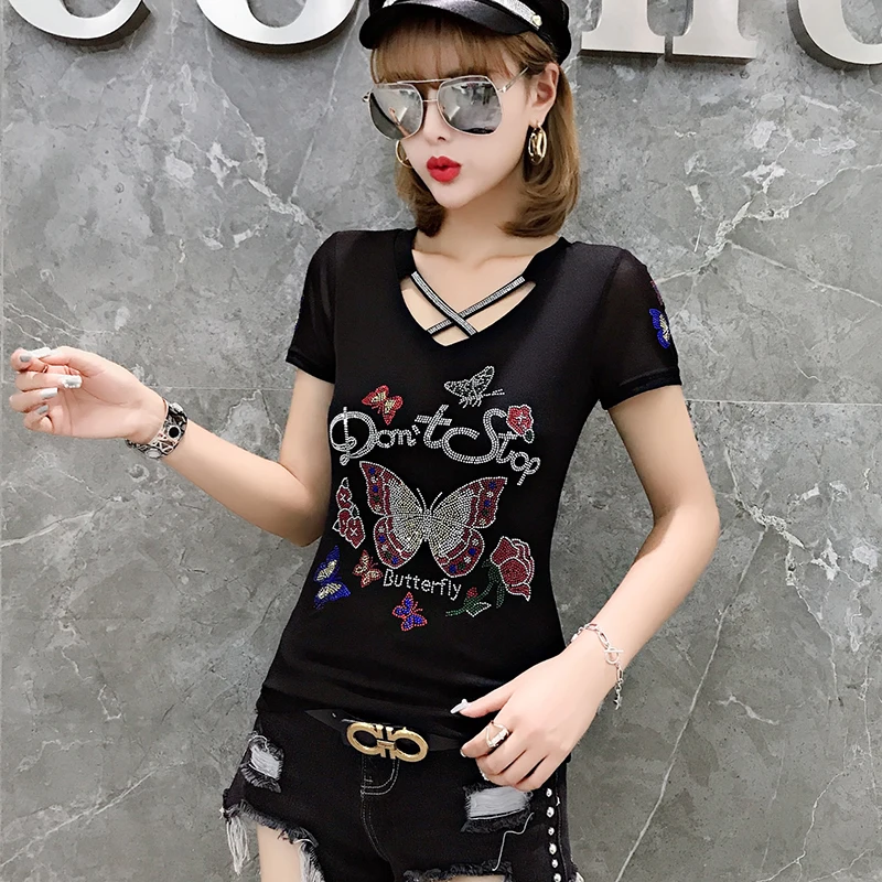 Summer Fashion Korean Blusas Clothes T-shirt Sexy Hollow Out Diamonds Letter Butterfly Women Tops Ropa Mujer Patchwork Mesh Tees - Image 4