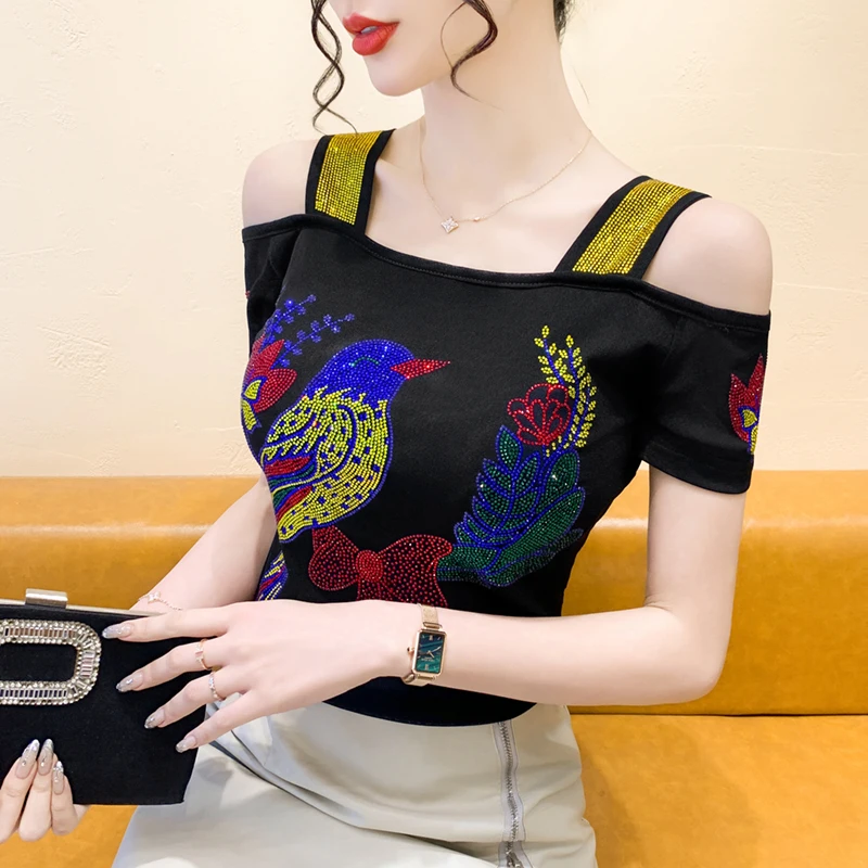 High-End Brand Women’s T-Shirt Clothes Luxury Shiny Cartoon Hot Diamonds Tops Summer Streetwear Girl Sexy Off Shoulder Tees - Image 5
