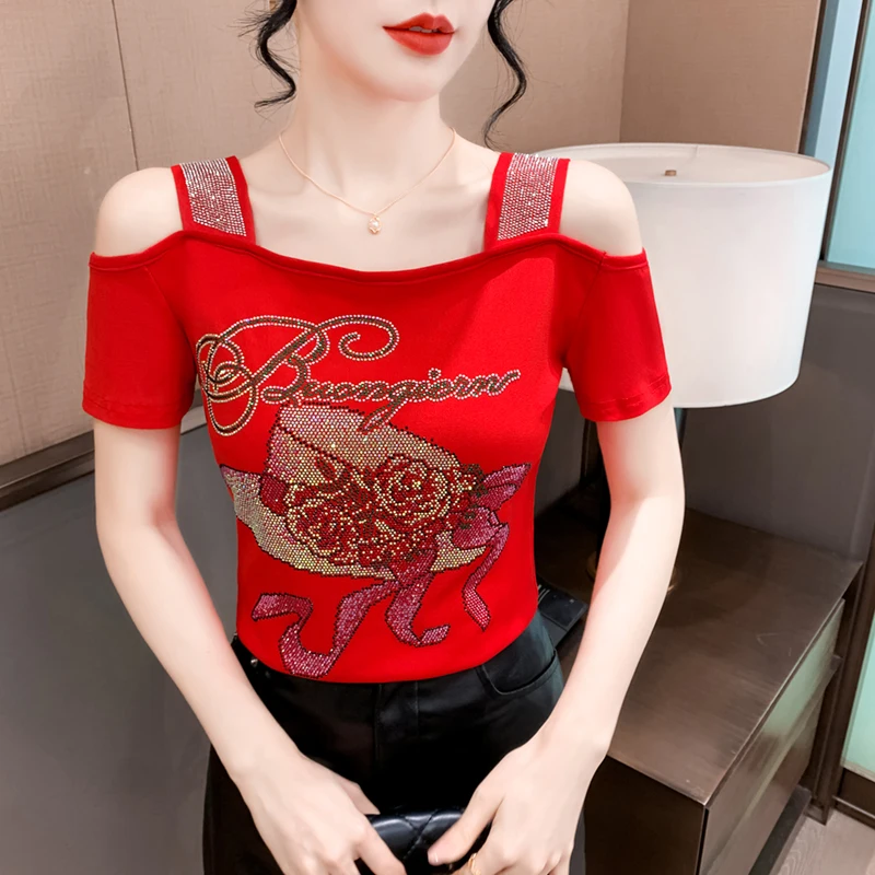High Quality Summer Chic Hat Diamonds Design Women's T-shirt New Fashion Sexy Off Shoulder Mesh Top Lady Short Sleeve Brand Tees - Image 3