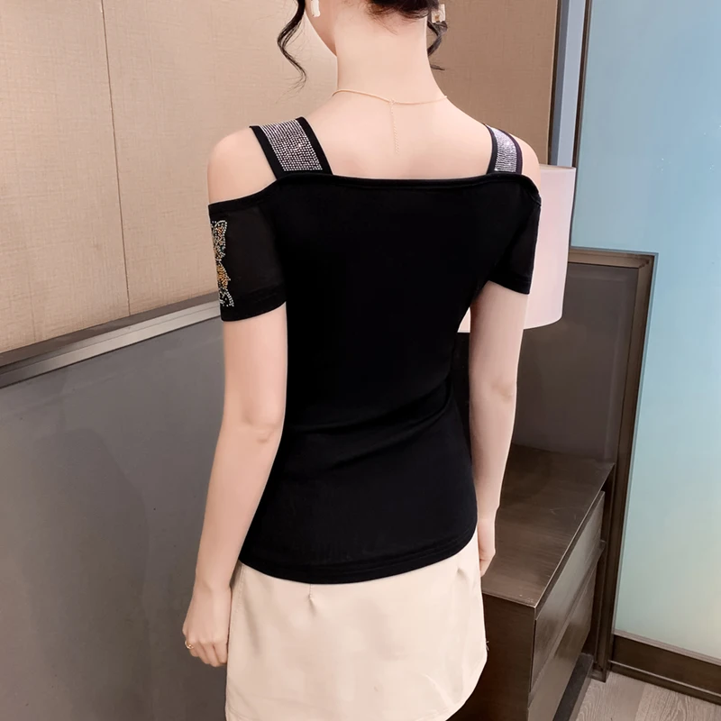 Summer Short Sleeved Women T-Shirt Elegant Slim Shiny Love Butterfly Diamonds Mesh Tops Chic Girl Sexy Off Shoulder Design Tees - Image 2