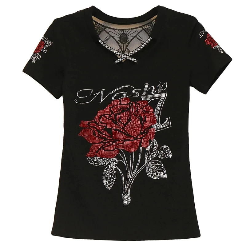 Streetwear Women Sexy V-neck Shiny Flower Diamonds T-shirt Summer Female Short Sleeve Slim Tops Shirt All Match Tees Blusas - Image 5