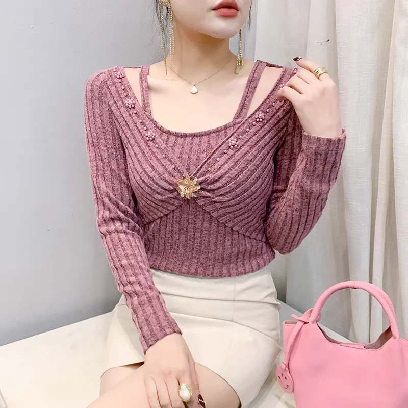 High Quality Women’s Chic Shinny Flower Beading T-Shirt Sexy Off Shoulder Long Sleeves Tees New Fashion Ladies Cotton Tops - Image 3