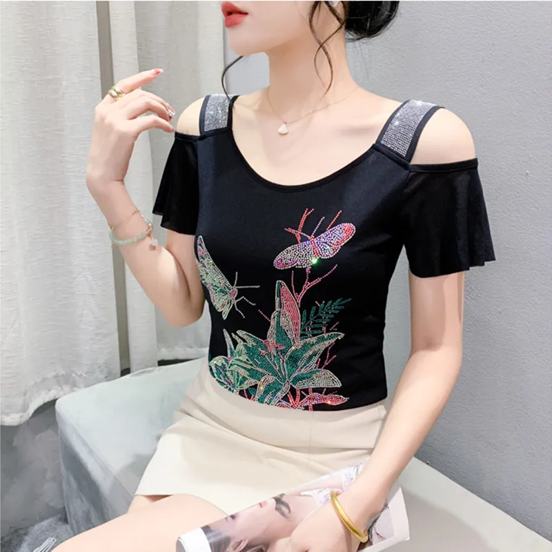M-3XL New European Summer Clothes Chic Girl Butterfly Shiny Diamonds T-shirt Sexy Off Shoulder Women Tops All Match Mesh Tees - Image 4