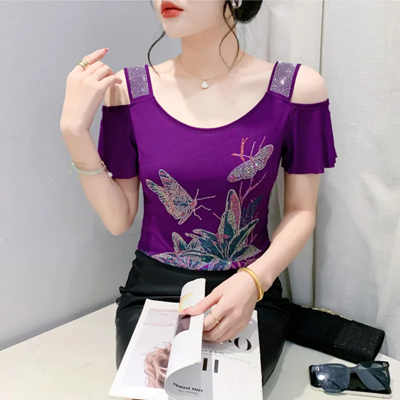 M-3XL New European Summer Clothes Chic Girl Butterfly Shiny Diamonds T-shirt Sexy Off Shoulder Women Tops All Match Mesh Tees - Image 3