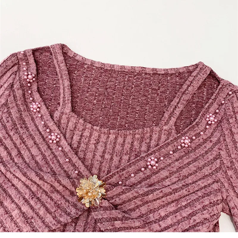 High Quality Women’s Chic Shinny Flower Beading T-Shirt Sexy Off Shoulder Long Sleeves Tees New Fashion Ladies Cotton Tops - Image 6