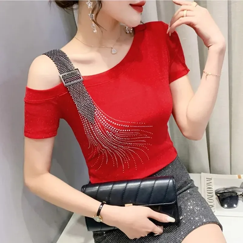 2025 New Summer Fashion European Female Clothes T-Shirt Sexy Off Shoulder Shiny Diamonds Mesh Women Tops All Match Tees Blouse - Image 3