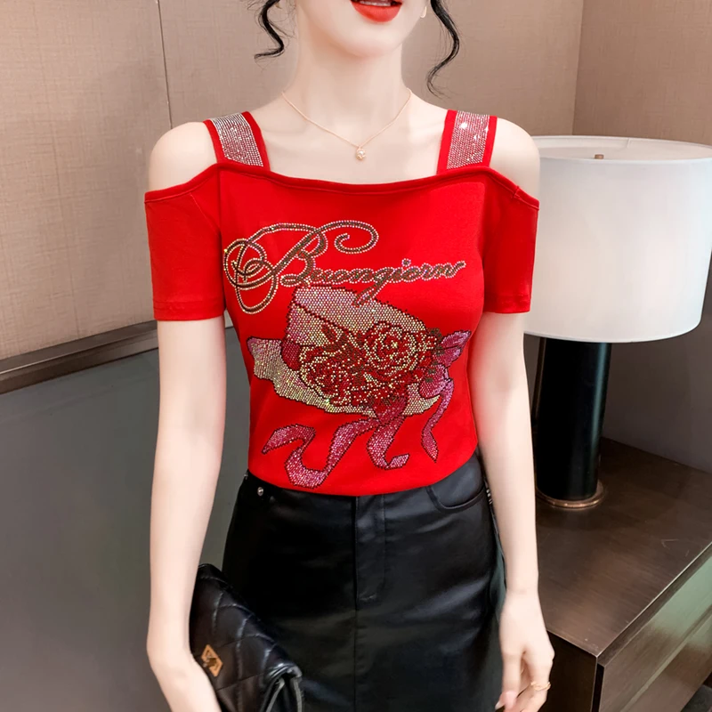 High Quality Summer Chic Hat Diamonds Design Women's T-shirt New Fashion Sexy Off Shoulder Mesh Top Lady Short Sleeve Brand Tees - Image 4