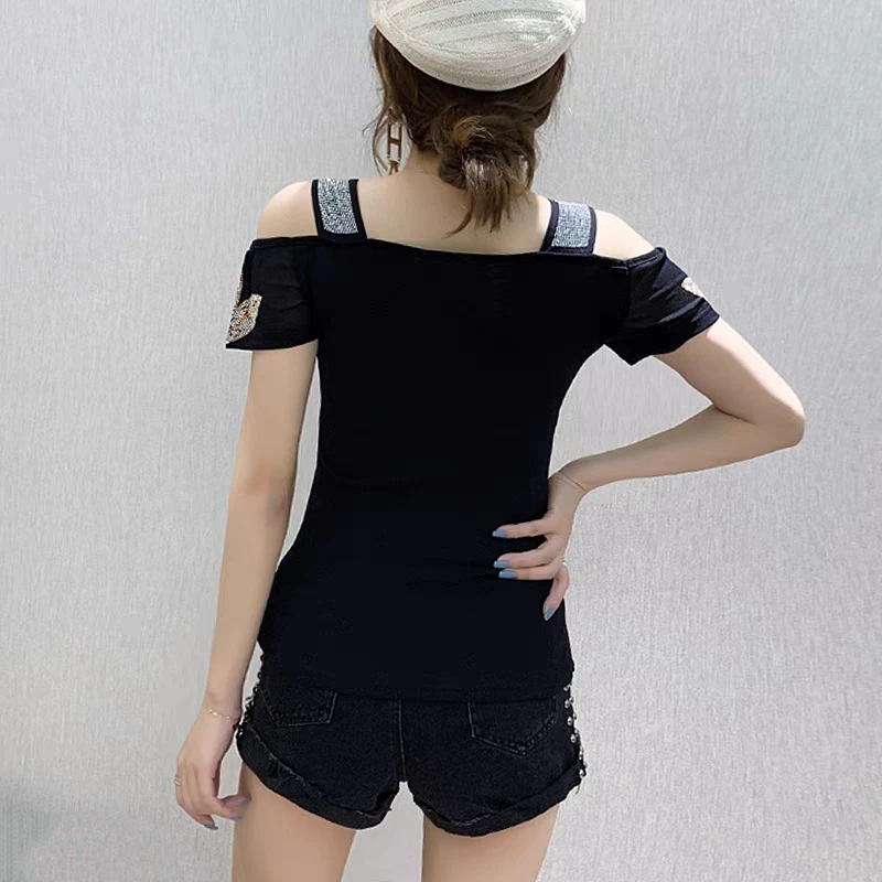 M-3XL New Summer Fashion European Ladies Clothes T-Shirt Sexy Off Shoulder Shiny Diamonds Mesh Women Tops All Match Tees Blusas - Image 2