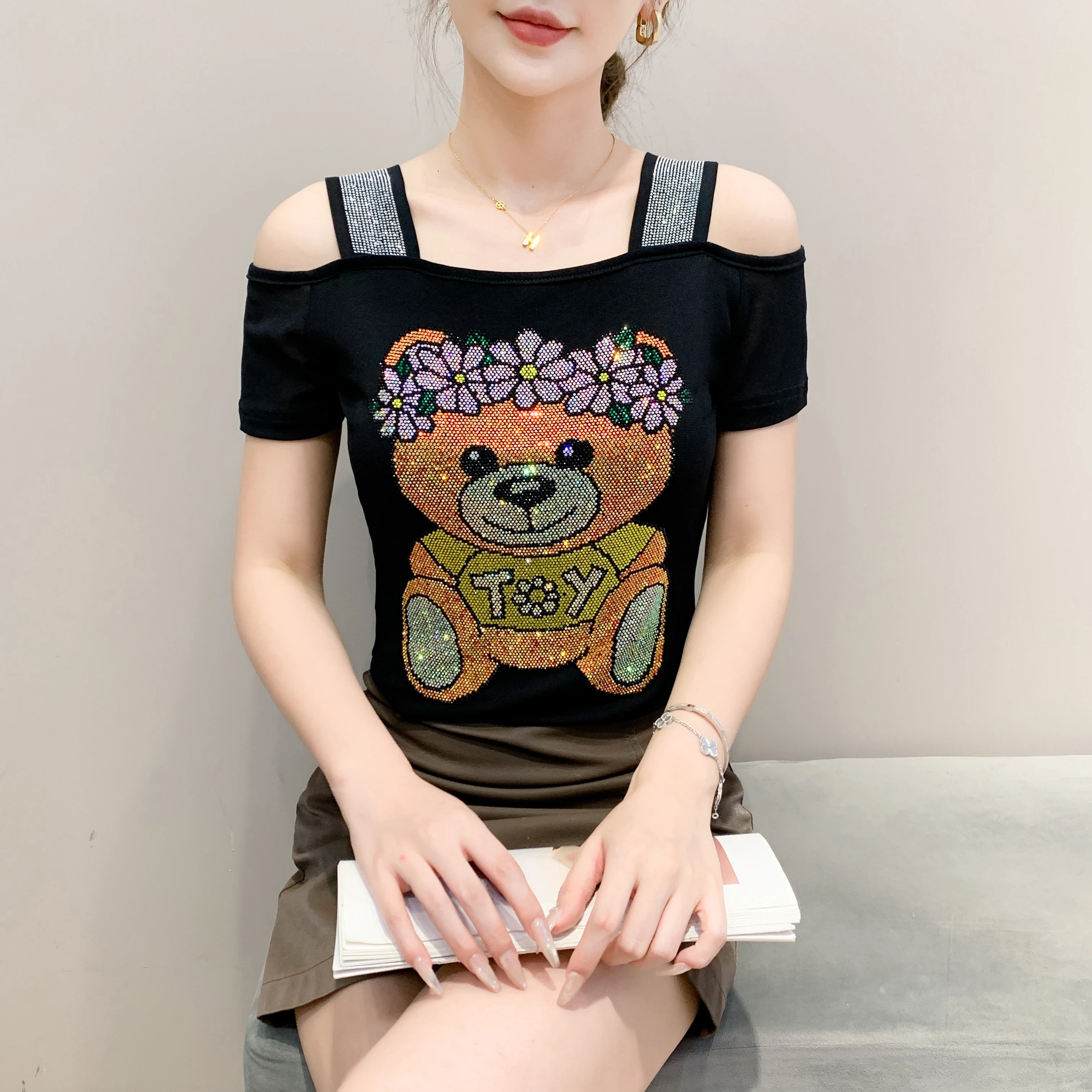 High-end Custom Summer Brand Women's T-Shirt New Chic Shiny Cartoon Hot Diamonds Tees Luxury Ladies Elegant Slim Tops Shirts - Image 3