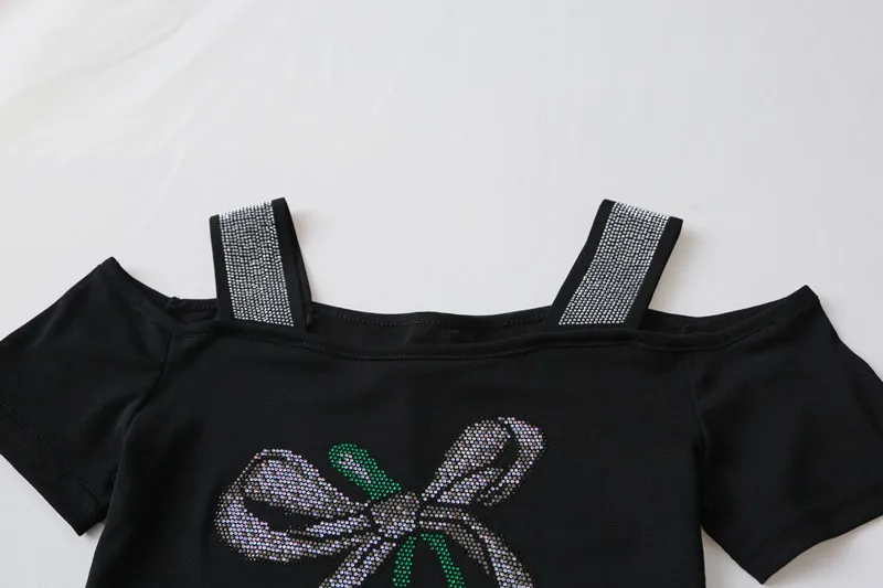 High-end Custom Chic Bow Shiny Hot Diamonds T-shirts Women's Sexy Off Shoulder Short Sleeved Top Classic Girl Elastic Slim Tees - Image 6
