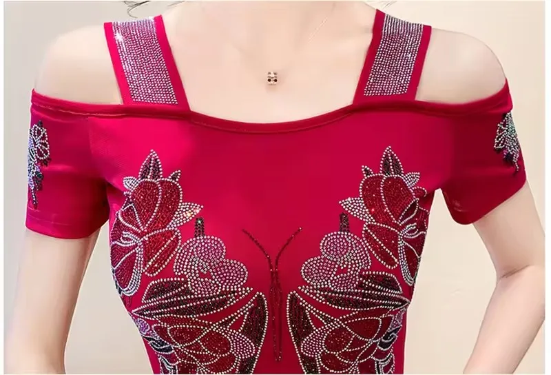 New Fashion Autumn European T-Shirt Clothes Women Chic Sexy Shiny Rose Diamonds Tops Short Sleeve Bottoming Shirt Tees Blouse - Image 6