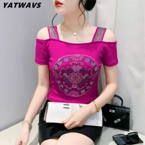 New Arrivals European Summer Women Flower T-shirt Clothes Chic Sexy Off Shoulder Shiny Diamonds Tops Brand Girl Slim Mesh Tees