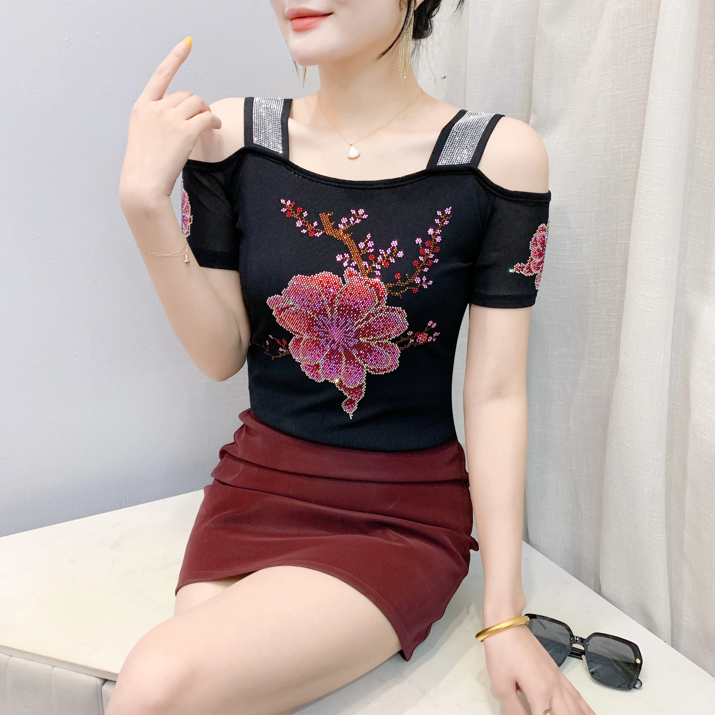 Streetwear Girl Summer Chic Clothes Mesh T-Shirt New Flower Hot Diamonds Brand Women Tops Sexy Short Sleeve Off Shoulder Tees - Image 4