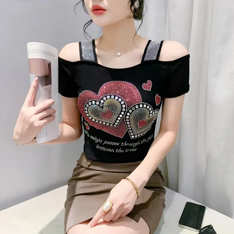 Streetwear Girl Summer Luxury Heart Shaped Hot Diamonds T-shirt Chic Sexy Off Shoulder Short Sleeve Tees High-end Women Slim Top - Image 3