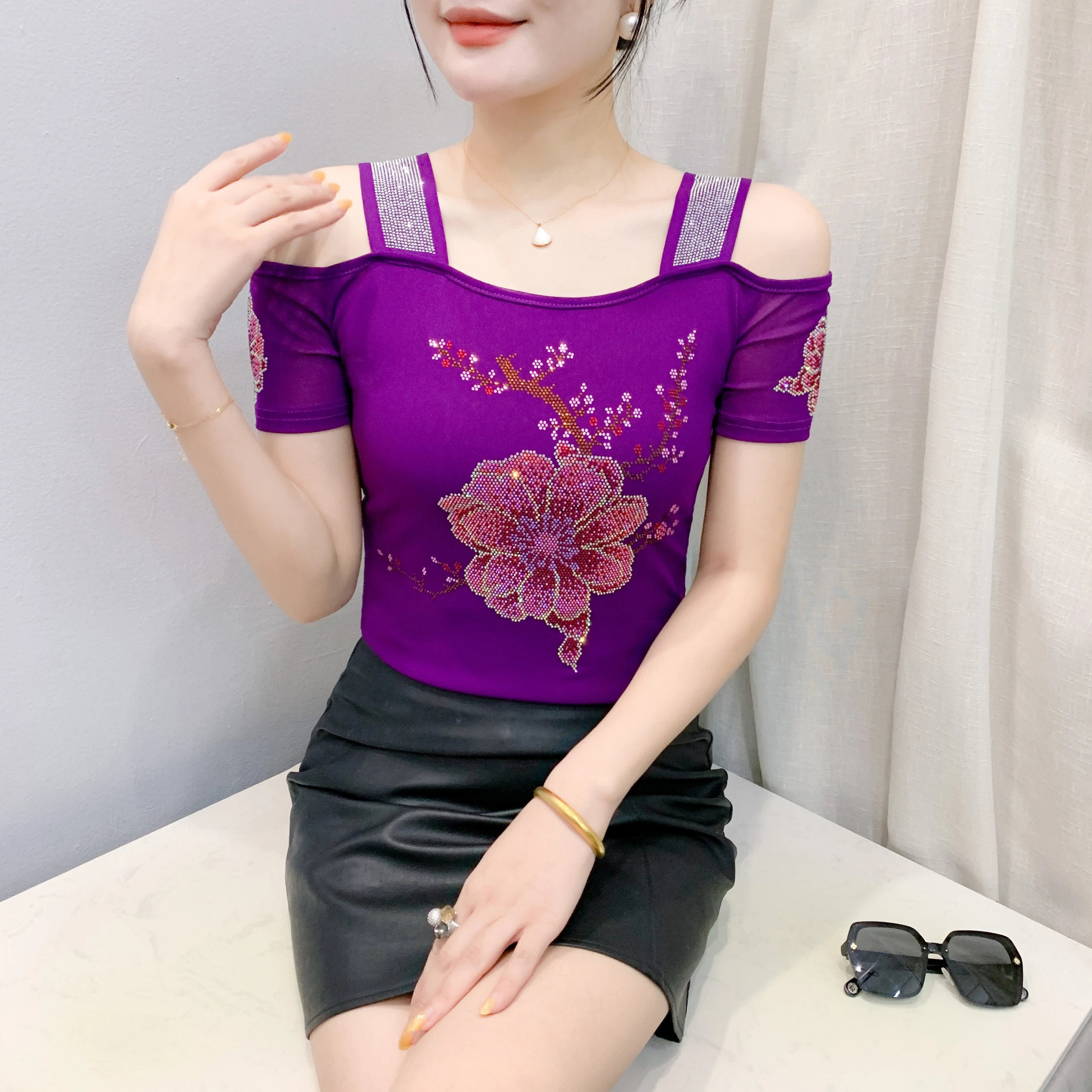 Streetwear Girl Summer Chic Clothes Mesh T-Shirt New Flower Hot Diamonds Brand Women Tops Sexy Short Sleeve Off Shoulder Tees - Image 3