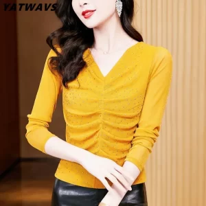 M-3XL Autumn Women's V-Neck Pleated Hot Diamonds T-Shirt Fashion Casual Long-Sleeved Slim Mesh Top Temperament All Match Tees