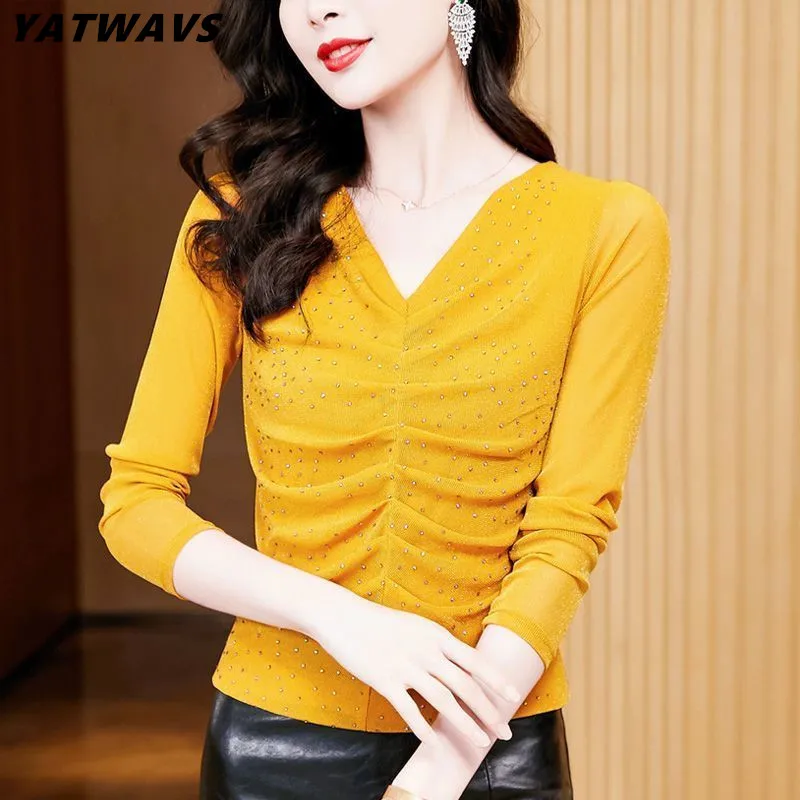 M-3XL Autumn Women's V-Neck Pleated Hot Diamonds T-Shirt Fashion Casual Long-Sleeved Slim Mesh Top Temperament All Match Tees
