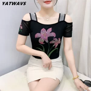 High Quality Summer New Fashion European Clothes Women's T-shirt Luxury Flower Hot Diamonds Tees Sexy Girls Slim Streetwear Tops