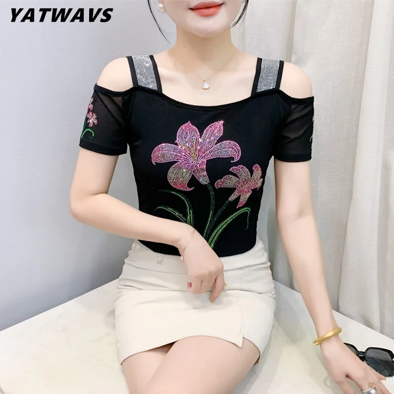 High Quality Summer New Fashion European Clothes Women's T-shirt Luxury Flower Hot Diamonds Tees Sexy Girls Slim Streetwear Tops