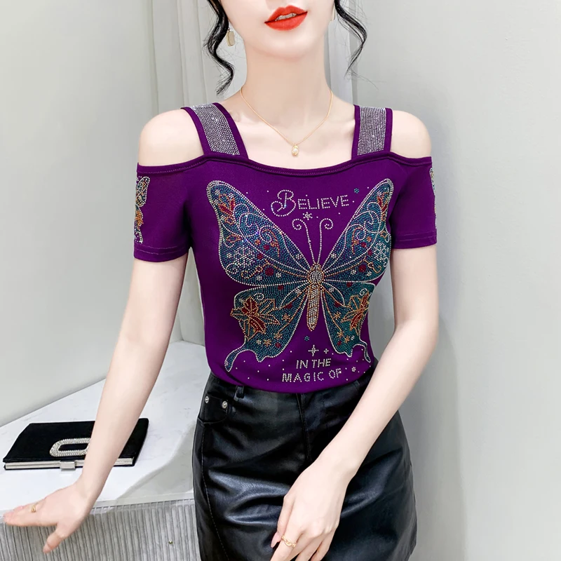 Summer Short Sleeved Women T-Shirt Elegant Slim Shiny Love Butterfly Diamonds Mesh Tops Chic Girl Sexy Off Shoulder Design Tees - Image 5