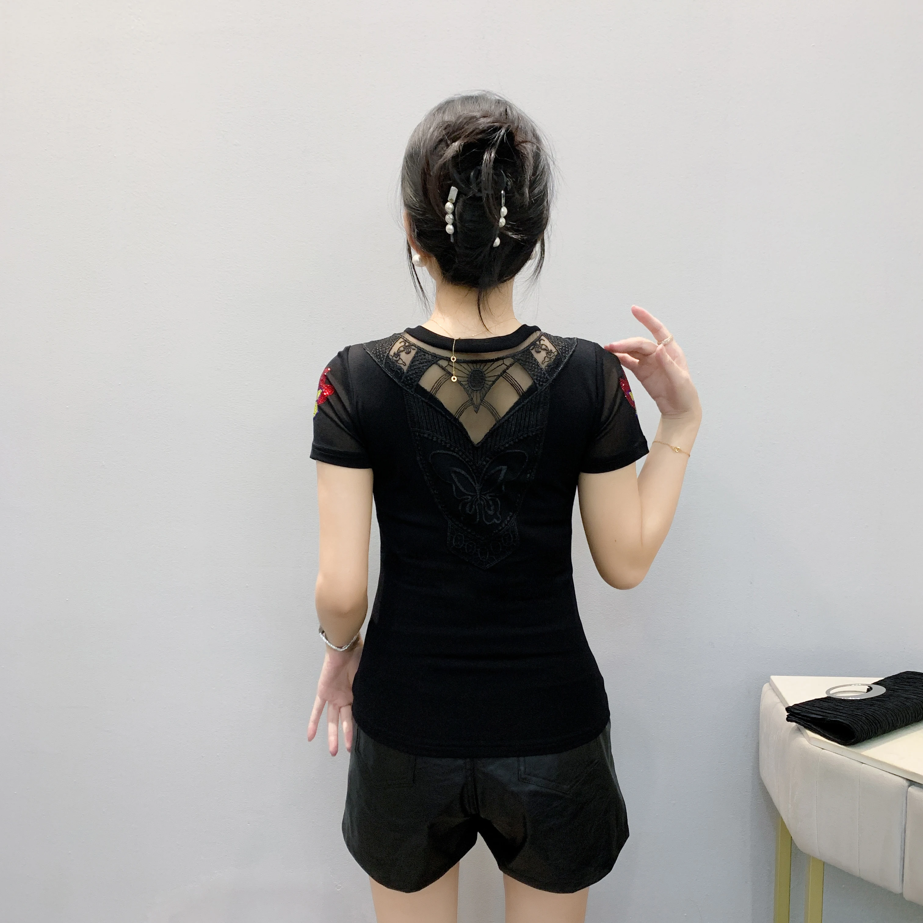 High Quality Summer Women’s Clothes T-Shirt Chic Cartoon Hot Diamonds Design Luxury Tops Classic Girl Sexy Hollow Out Slim Tees - Image 2