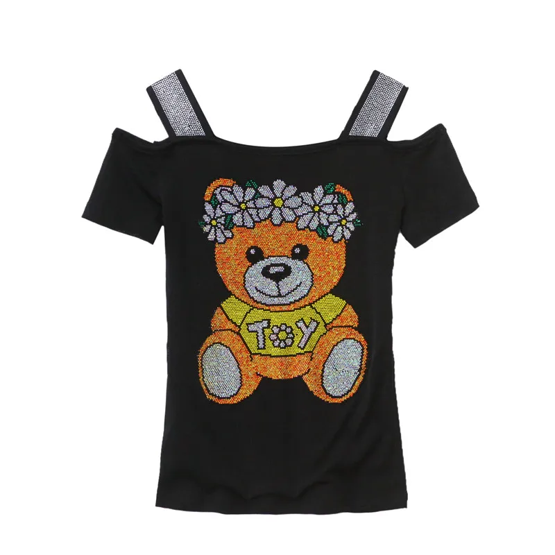 High-end Custom Summer Brand Women's T-Shirt New Chic Shiny Cartoon Hot Diamonds Tees Luxury Ladies Elegant Slim Tops Shirts - Image 5