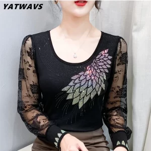 2025 Autumn New Fashion Mesh Slim T-shirt Luxury Hot Diamonds Tees High Quality Women's Sexy Transparent Long Sleeves Tops