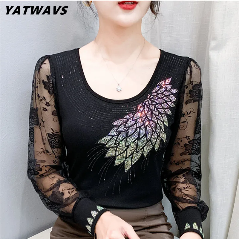 2025 Autumn New Fashion Mesh Slim T-shirt Luxury Hot Diamonds Tees High Quality Women's Sexy Transparent Long Sleeves Tops