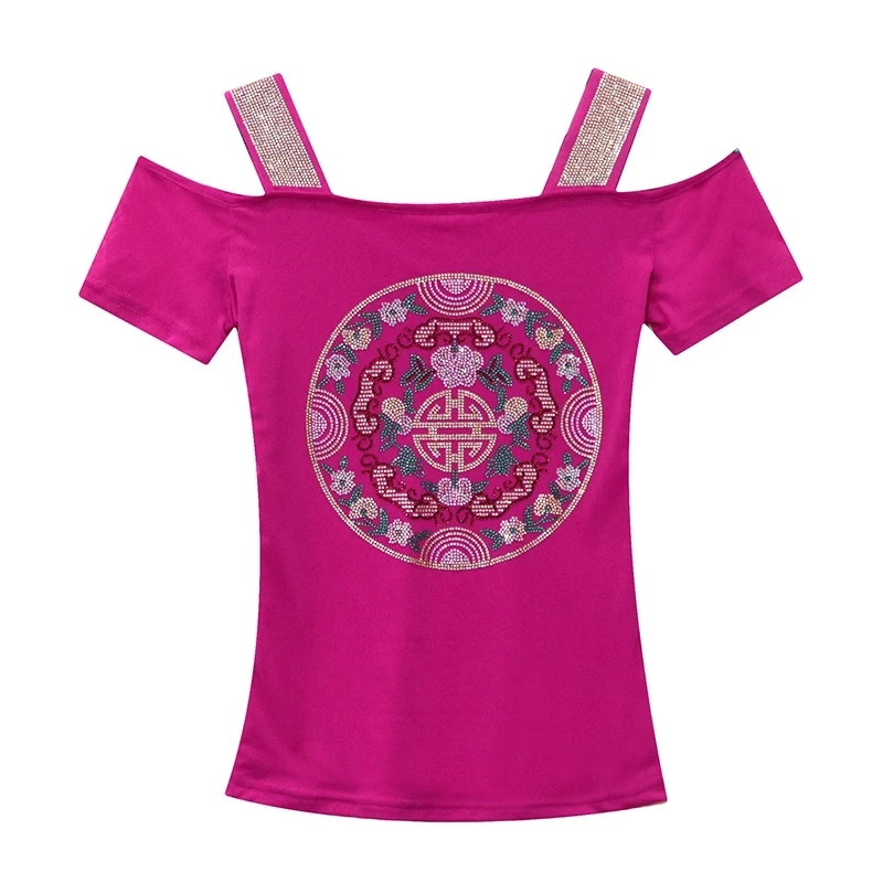 New Arrivals European Summer Women Flower T-shirt Clothes Chic Sexy Off Shoulder Shiny Diamonds Tops Brand Girl Slim Mesh Tees - Image 5