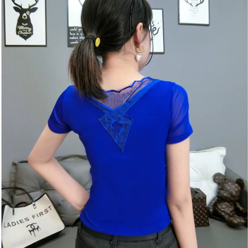 High Quality Summer Mesh T-Shirt Women Flower Diamonds Slim Sexy Tops Elegant Hollow Out V-Neck Short Sleeve Korean Female Tees - Image 2