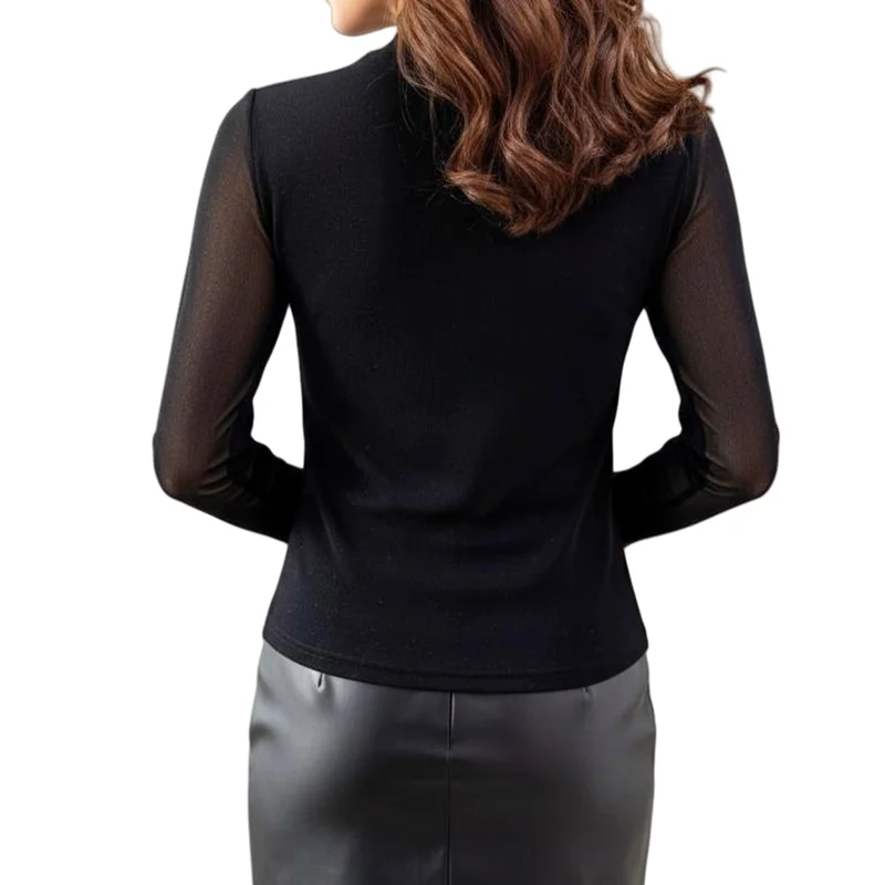 New Fashion Autumn Sexy O-Neck Long Sleeved Women's T-Shirt Elegant Golden Hot Diamonds Mesh Tops Chic Female Slim Shiny Tees - Image 2