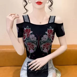 New Fashion Autumn European T-Shirt Clothes Women Chic Sexy Shiny Rose Diamonds Tops Short Sleeve Bottoming Shirt Tees Blouse