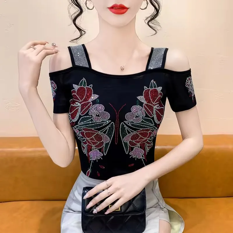 New Fashion Autumn European T-Shirt Clothes Women Chic Sexy Shiny Rose Diamonds Tops Short Sleeve Bottoming Shirt Tees Blouse