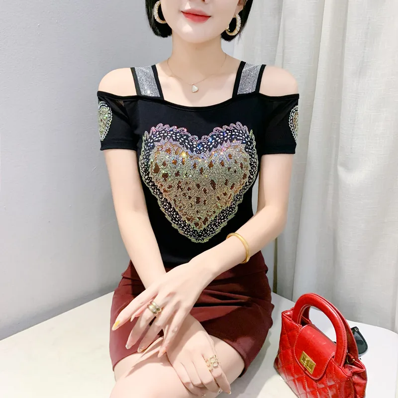 Streetwear Girl Chic Heart Shaped Hot Diamonds T-shirt New Sexy Off Shoulder Women Tees Summer Short Sleeve Slim Mesh Tops - Image 4