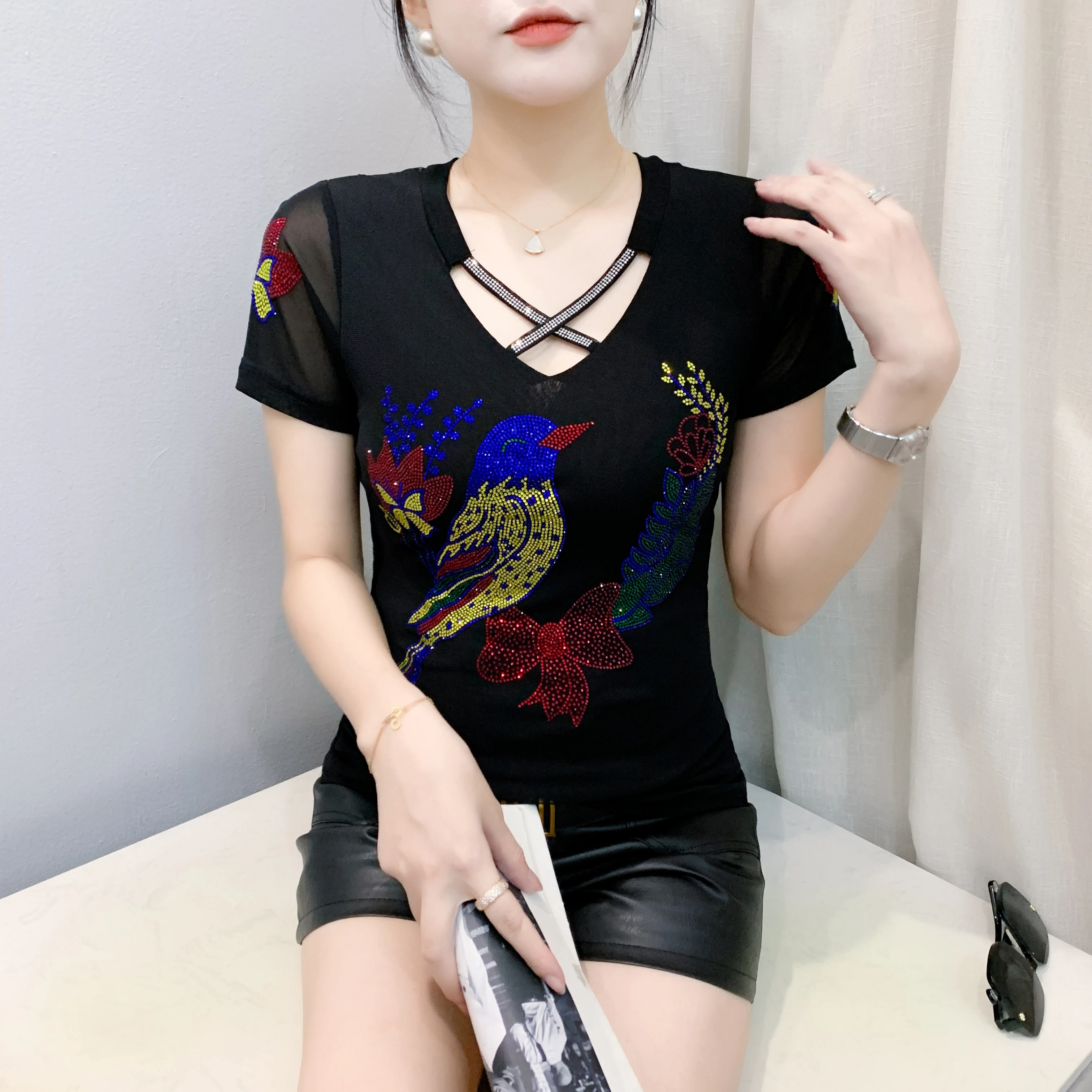 High Quality Summer Women’s Clothes T-Shirt Chic Cartoon Hot Diamonds Design Luxury Tops Classic Girl Sexy Hollow Out Slim Tees - Image 3