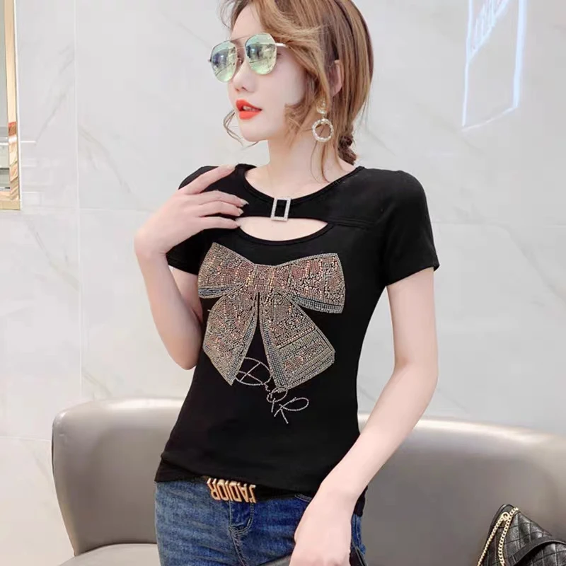 2025 New Summer European Clothes T-Shirt Chic Sexy O-Neck Shiny Bowknot Diamonds Women Tops Short Sleeve Hollow Out Tees Blusas - Image 5