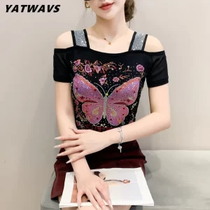 M-3XL Summer Women's Luxury Hot Diamonds T-Shirt Chic Off Shoulder Short Sleeve Sexy Tees High Quality Ladies Slim Mesh Tops