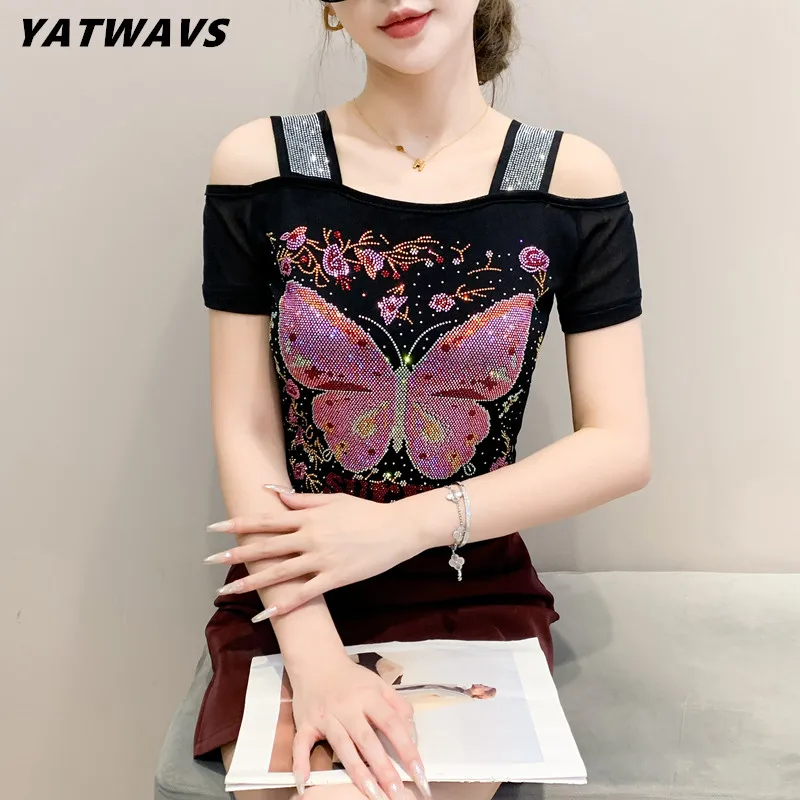 M-3XL Summer Women's Luxury Hot Diamonds T-Shirt Chic Off Shoulder Short Sleeve Sexy Tees High Quality Ladies Slim Mesh Tops