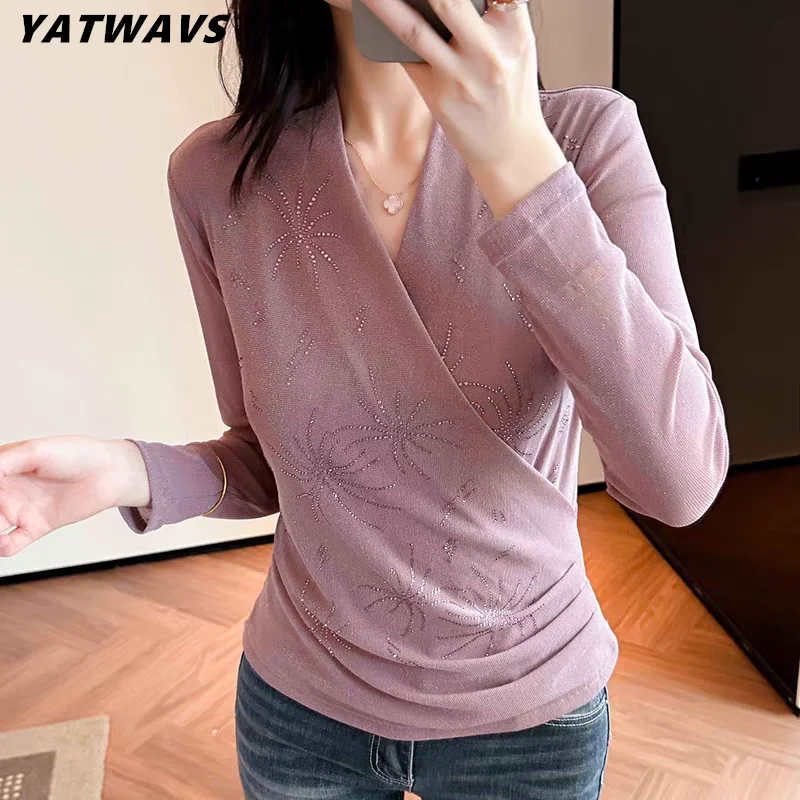European Fashion V-neck Mesh Hot Diamonds T-shirt For Women's Autumn New Long Sleeved Pleated Design Tees Female Tops - Image 2