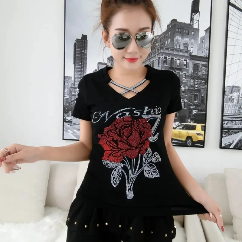 Streetwear Women Sexy V-neck Shiny Flower Diamonds T-shirt Summer Female Short Sleeve Slim Tops Shirt All Match Tees Blusas - Image 4