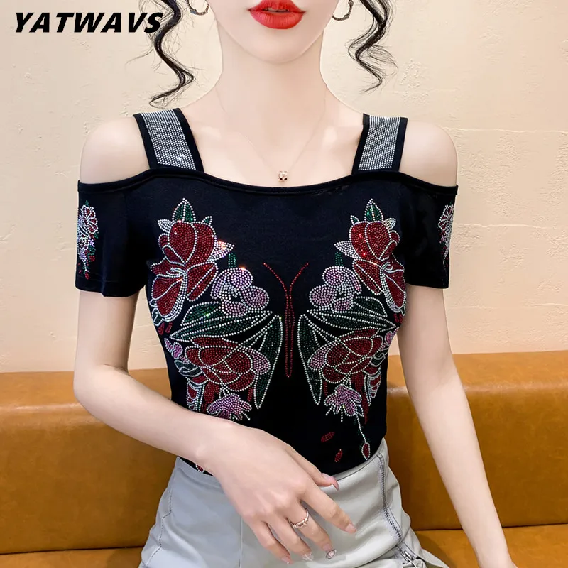 New Arrivals Summer Streetwear Women's Clothes T-Shirt Shiny Butterfly Hot Diamonds Design Tops Sexy Off Shoulder Female Tees - Image 2