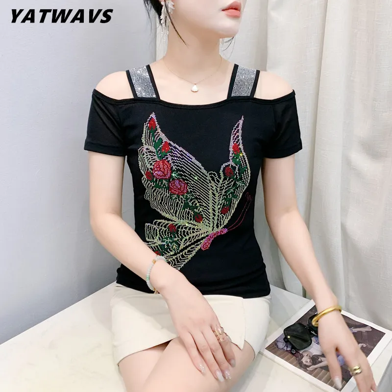 M-3XL Streetwear Girl Classic Summer T-Shirt Shiny Butterfly Hot Diamonds Design Tees Fashion Women's Sexy Off The Shoulder Tops