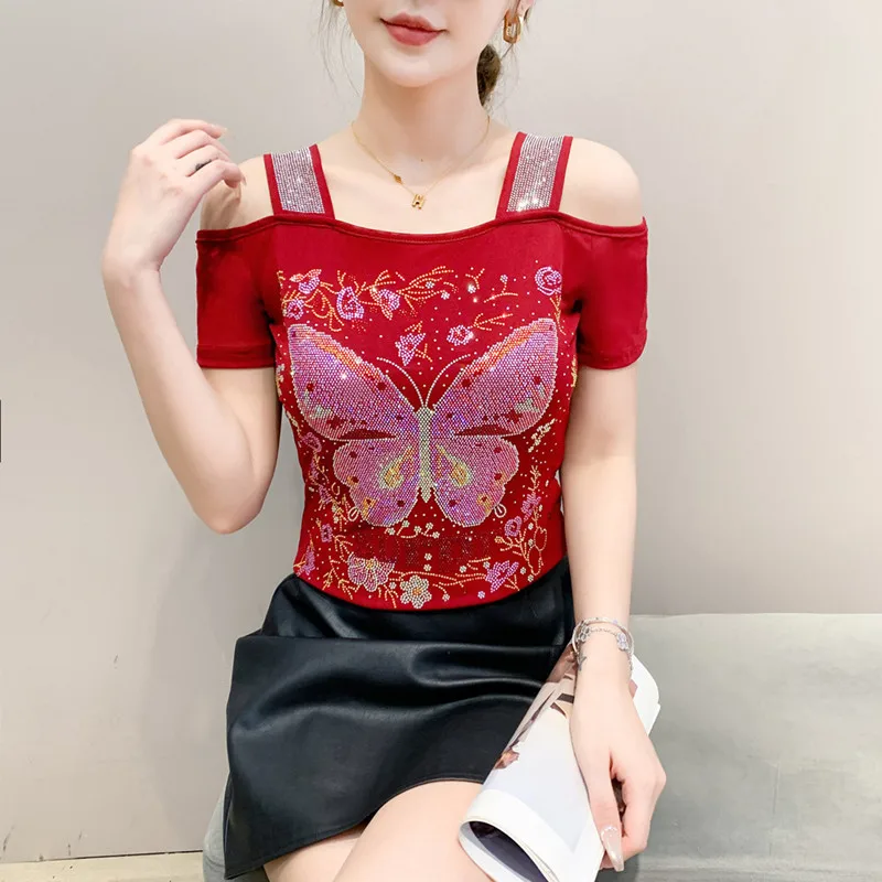 M-3XL Summer Women's Luxury Hot Diamonds T-Shirt Chic Off Shoulder Short Sleeve Sexy Tees High Quality Ladies Slim Mesh Tops - Image 3