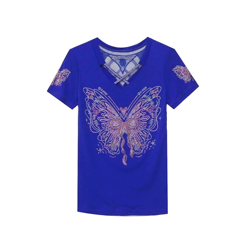High-end Custom Summer European Ladies Clothes T-Shirt Fashion Shiny Diamonds Women Tops Sexy Hollow Out Embroidery Mesh Tees - Image 5